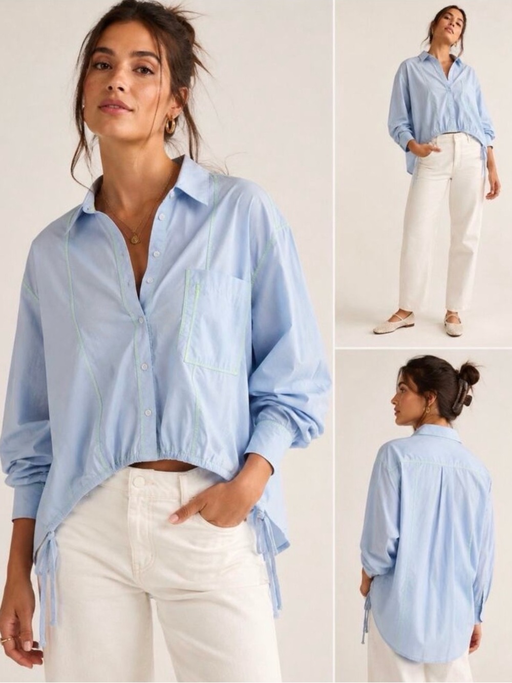 Anthropologie Embroidered Stitch Buttondown Drawstring Hem Shirt Blue Size XL
